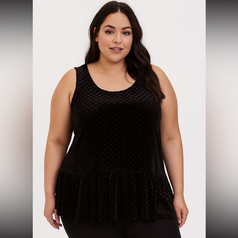 Black Sleeveless Velvet Cheveron Peplum Tank Top